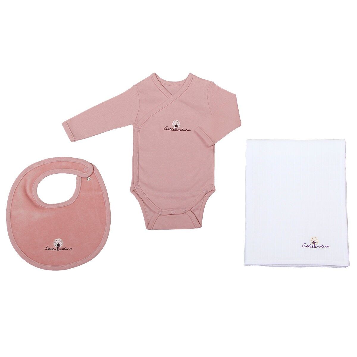 Set Body/Bavoir/Lange 3 mois Coton bio-Bois de rose