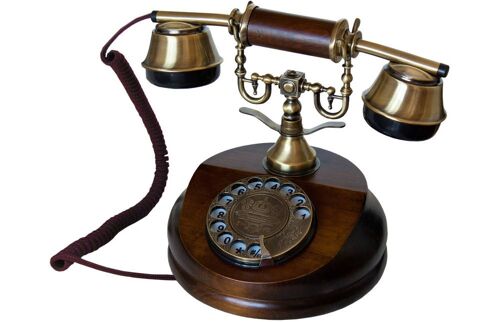 Opis 1921 cable Retrotelefon aus Holz und Metall / Holztelefon / Klassisches Telefon (Modell A)