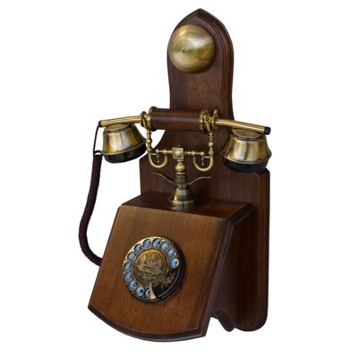 Opis 1921 cable retro telephone made of wood and metal / wooden telephone / classic telephone (model D)