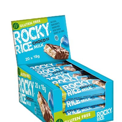 Ready-to-sell display of 20 puffed rice bars / rocky rice milk chocolate Best before 07/11/2023