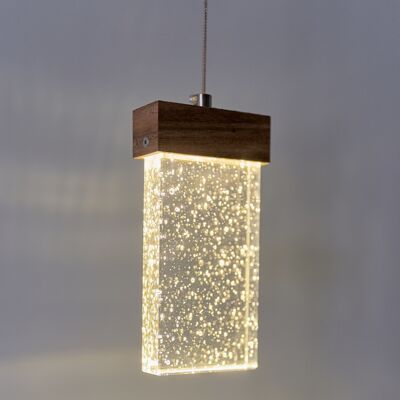 Opis PL4 - Suspension en verre bullé dimmable en forme de prisme rectangulaire avec composants en bois et métal