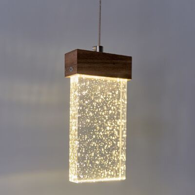 Opis PL4 - Lámpara colgante regulable de vidrio burbuja en forma de prisma rectangular con componentes de madera y metal