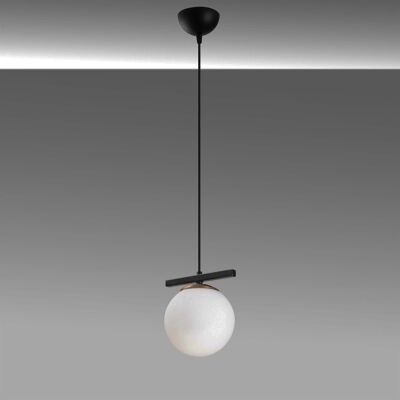 Opis PL6 (Ø17cm) - Elegant, white glass ball hanging lamp with black metal fixture