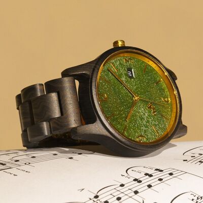 Opis UR-U1: The classic unisex retro wooden wristwatch made of black sandalwood with a unique, embossed green dial with golden metal components