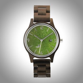 Opis UR-U1 : La montre-bracelet rétro unisexe classique en bois de santal noir avec un cadran vert gaufré unique avec des composants en métal argenté 4