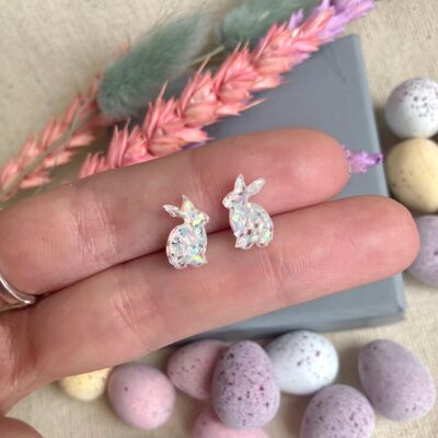 Boucles d'oreilles clous de lapin en opale véritable spécial Pâques