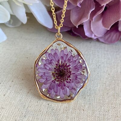 Real chrysanthemum flower rustic Gold necklace.