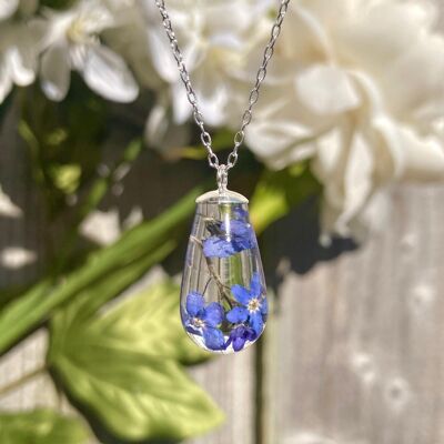 Real forget me not flower stem drop pendant silver necklace.