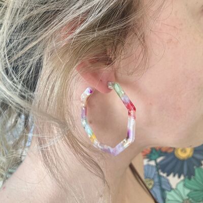 Kooky Pastel Rainbow marble effect Octagon earrings.