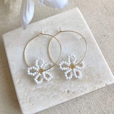 White Beaded flower24ct Gold Plated Hoops