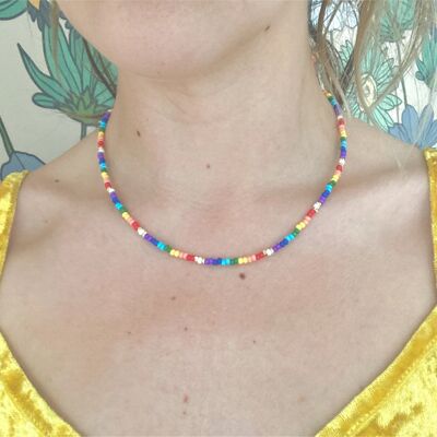 Rainbow glass seed & Pearl necklace.