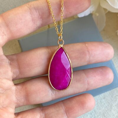 Pink Jade Gemstone teardrop gold necklace.