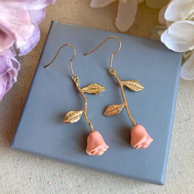 Gold & pink/ peach  Enamel Rose Drop earrings.