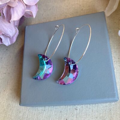 Purple Glass Moon silver hoop earrings.