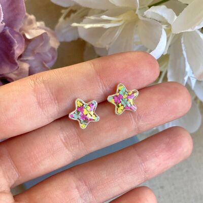 Starburst real flower rainbow 925 sterling star earrings.