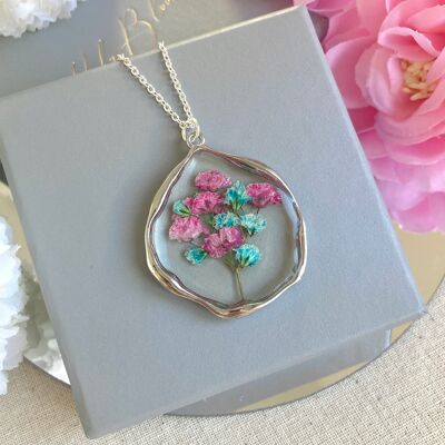 Cotton candy real gypsophila bunch rustic silver necklace.