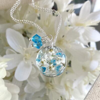 March Birthstone real flower & Aqua marine crystal silver necklace.