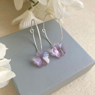 Pink glass flower silver hoop earrings.