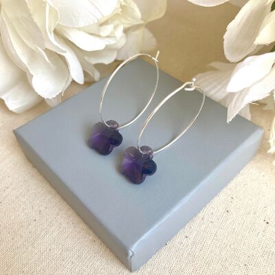 Purple glass flower silver hoop earrings