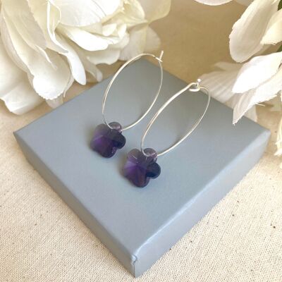Purple glass flower silver hoop earrings