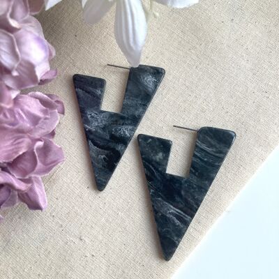Kooky Dark grey marble effect large triangle statement earrings.