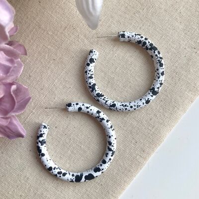 Kooky White & Black medium speckle hoops.