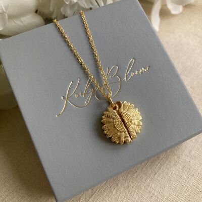 Mini hidden message ‘you’re my ray of sunshine” gold sunflower necklace.