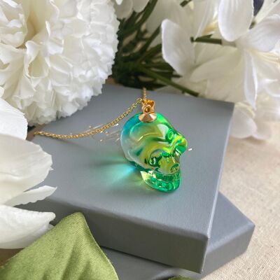 Glass skull Gold necklace - Green/Blue