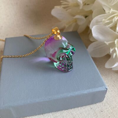 Glass skull Gold necklace - green and Purple
