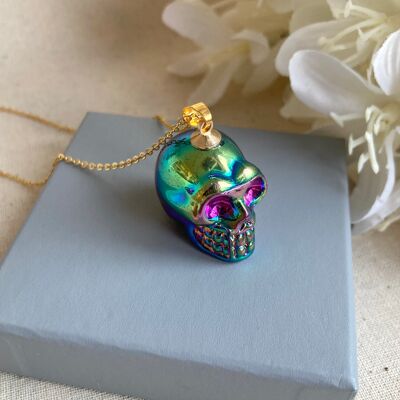 Glass skull Gold necklace - Rainbow Metallic