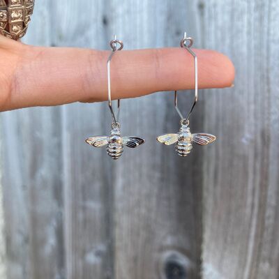 Silver bee hexagon hoop earrings