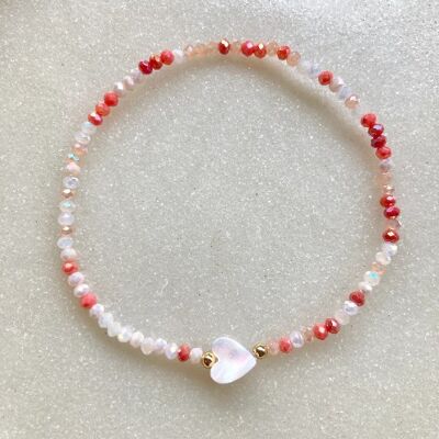 Real shell heart glass beaded elastic bracelet - coral mix