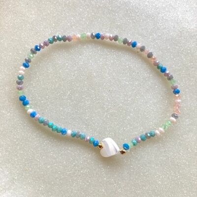 Real shell heart glass beaded elastic bracelet - blue mix