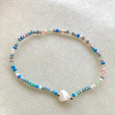 Real shell heart glass beaded elastic bracelet - blue mix