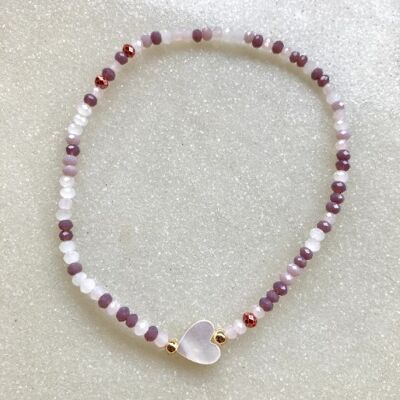 Real shell heart glass beaded elastic bracelet - purple mix