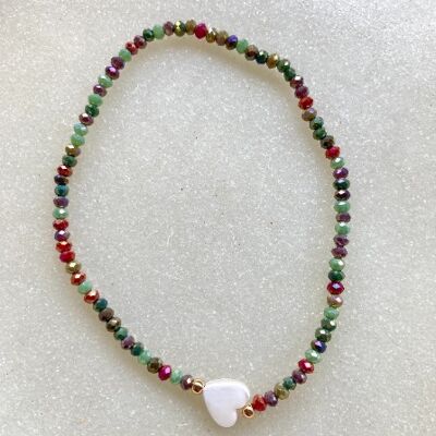 Real shell heart glass beaded elastic bracelet - green mix