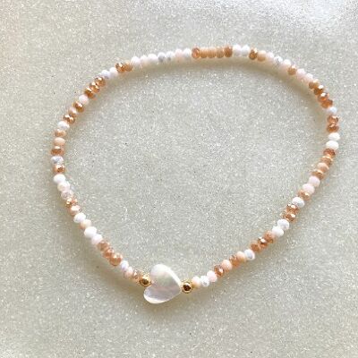 Real shell heart glass beaded elastic bracelet - peach mix