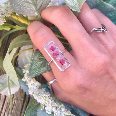 Real pale pink flower bud & lace flower 925 sterling silver rectangle ring. P