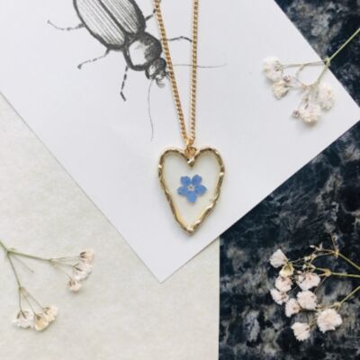 Real forget me not flower rustic gold plated heart necklace