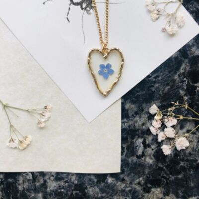 Real forget me not flower rustic gold plated heart necklace