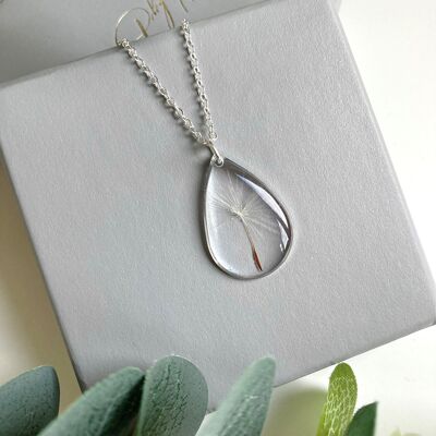 Real Dandelion “Make a wish” Silver teardrop necklace