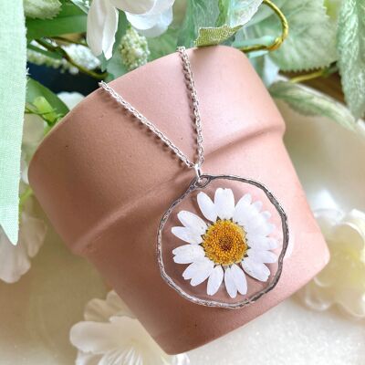 Real Daisy flower Rustic style Silver necklace