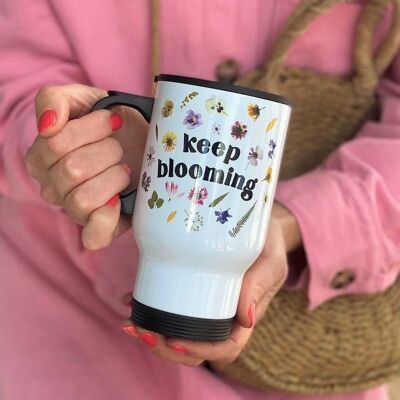 Premium “keep blooming” presses flower print Insulated stainless steel travel mug