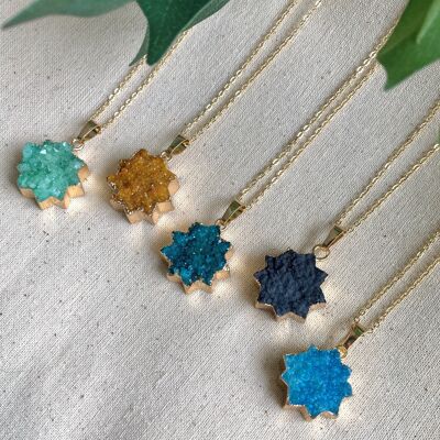 kooky Small Star Gold Druzy Agate Crystal Necklace - blue