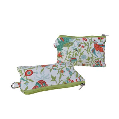 Pouch in cotton canvas with birds and foliage ottoman pattern