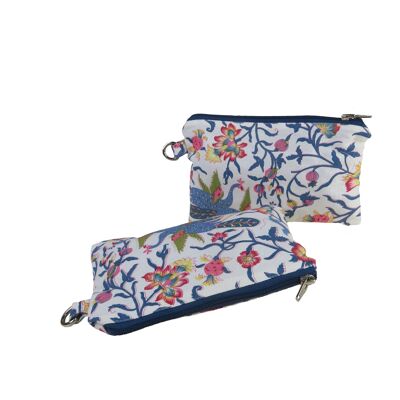 Pouch in cotton canvas with ottoman pattern blue and red birds and foliage