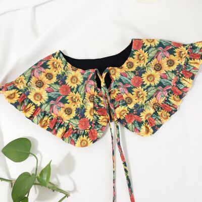 Cuello extraíble de algodón con volantes y estampado de girasol, cuello con volantes, cuello con volantes desmontable, cuello de capas, cuello de gran tamaño