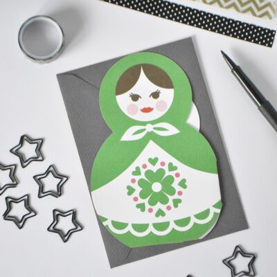 Tarjeta de felicitación de la familia de muñecas rusas - Verde