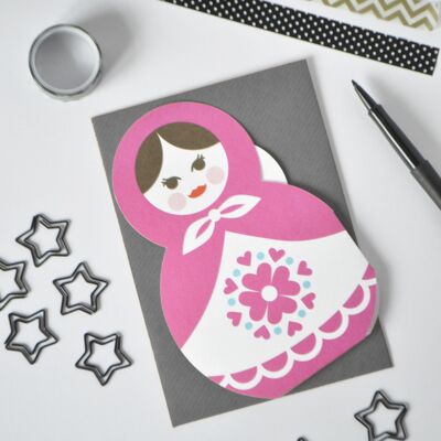 Russische Puppenfamilien-Grußkarte – Pink