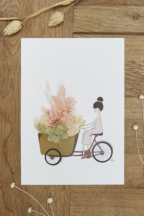 Affichette fleurie " A bicyclette", affiche A5 illustrée avec fleurs séchées